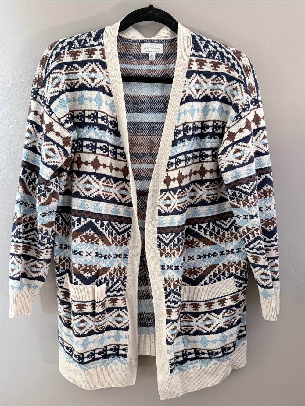 Lucky Brand Aztec Fair Isle Cardigan Sweater Small S Open Front Knit Boho